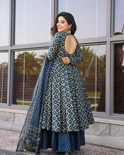 Cobalt Blue Cotton Silk Printed Readymade Palazzo Kameez