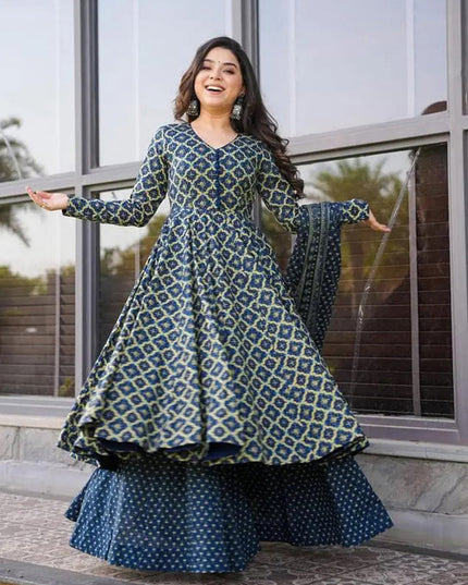 Cobalt Blue Cotton Silk Printed Readymade Palazzo Kameez