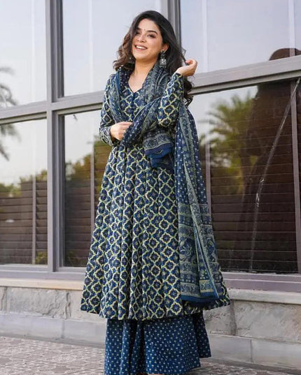 Cobalt Blue Cotton Silk Printed Readymade Palazzo Kameez