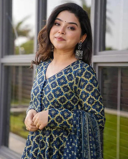 Cobalt Blue Cotton Silk Printed Readymade Palazzo Kameez