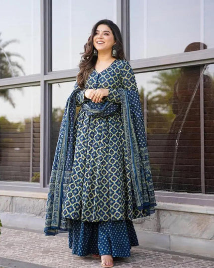 Cobalt Blue Cotton Silk Printed Readymade Palazzo Kameez