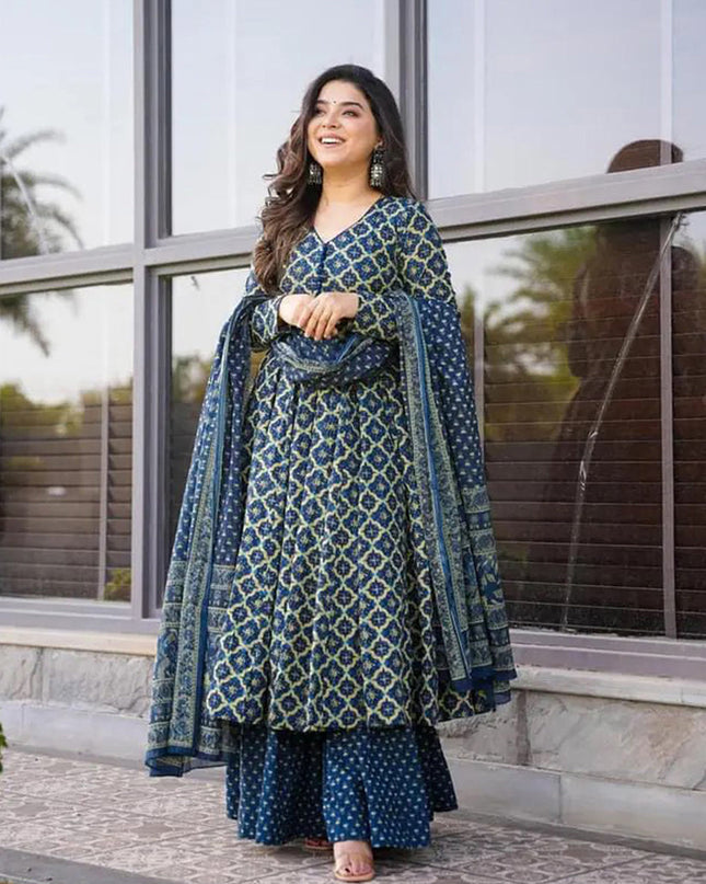 Cobalt Blue Cotton Silk Printed Readymade Palazzo Kameez