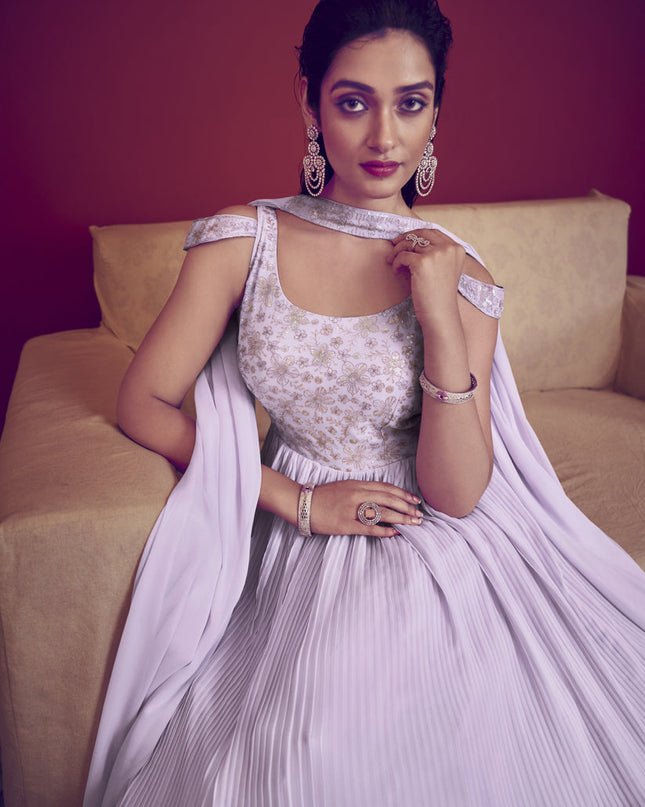 Lavender Georgette Embroidered Gown with Dupatta
