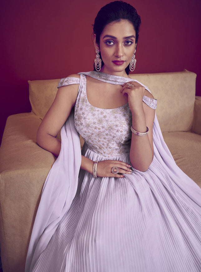 Lavender Georgette Embroidered Gown with Dupatta