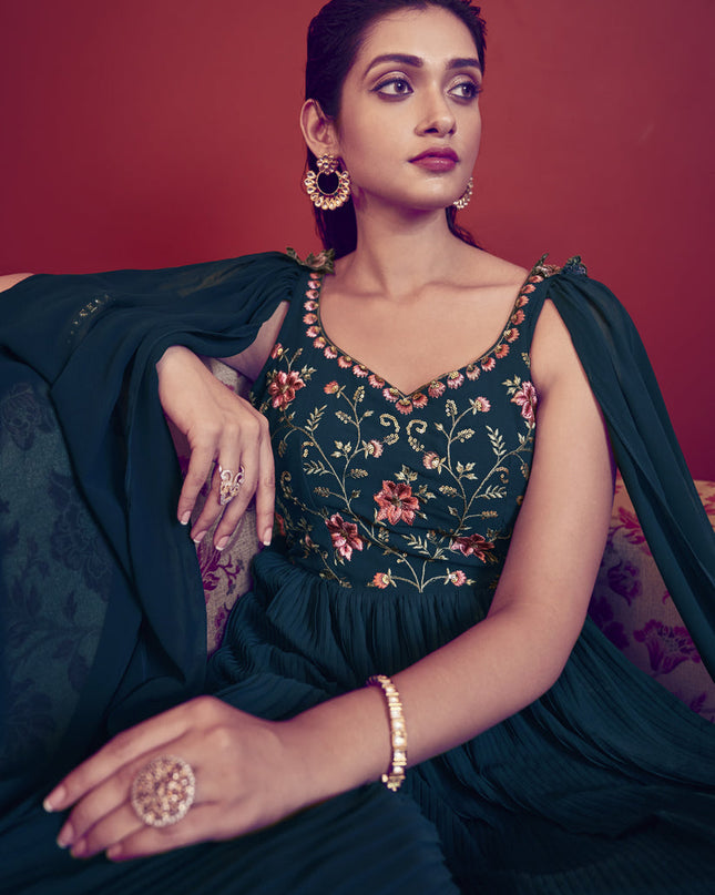 Peacock Blue Georgette Embroidered Gown with Dupatta