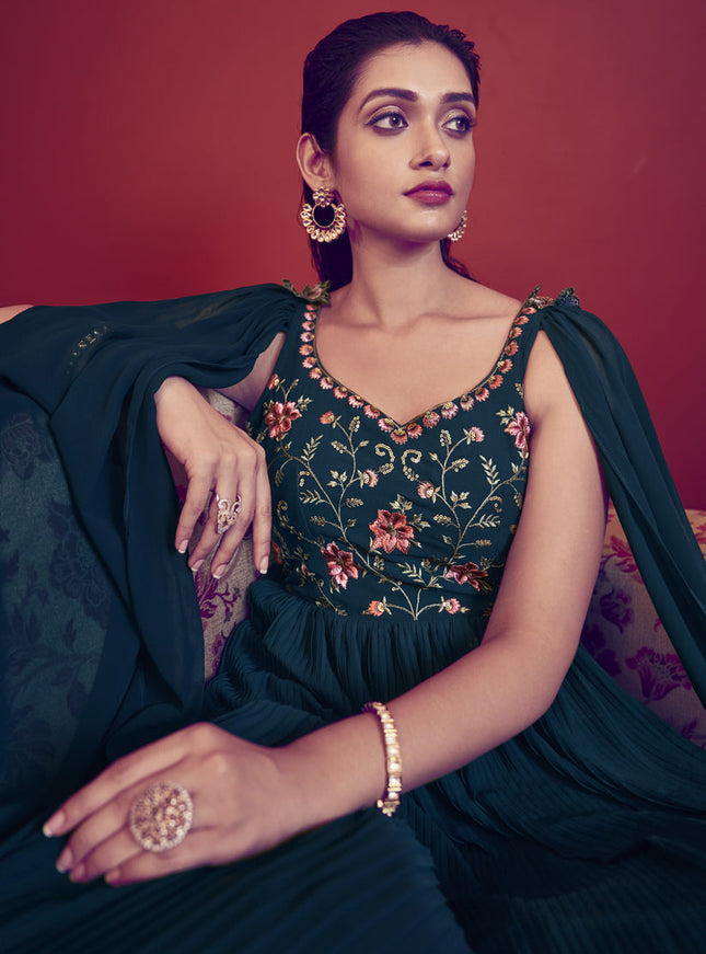 Peacock Blue Georgette Embroidered Gown with Dupatta