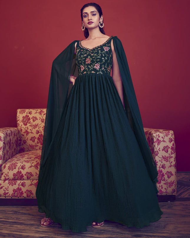 Peacock Blue Georgette Embroidered Gown with Dupatta