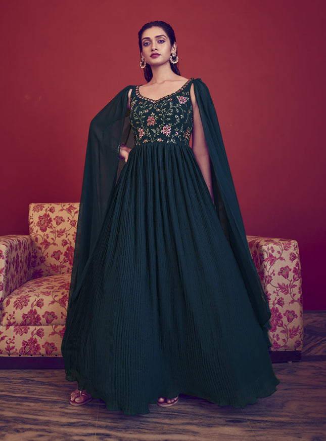 Peacock Blue Georgette Embroidered Gown with Dupatta