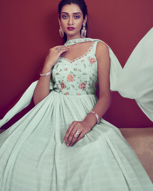 Ice Blue Georgette Embroidered Gown with Dupatta