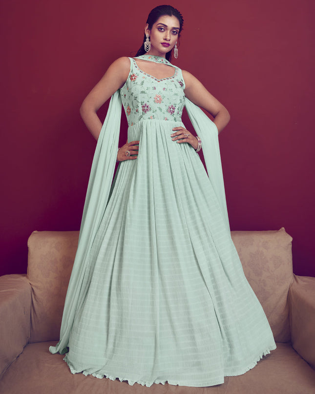 Ice Blue Georgette Embroidered Gown with Dupatta