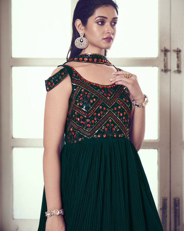 Peacock Green Georgette Embroidered Gown with Dupatta