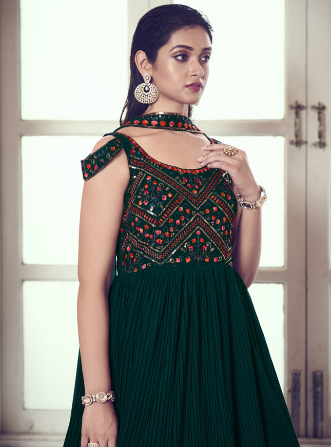 Peacock Green Georgette Embroidered Gown with Dupatta