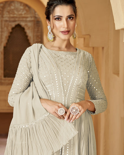 Dusty White Crushed Georgette Lucknowi Work Suit