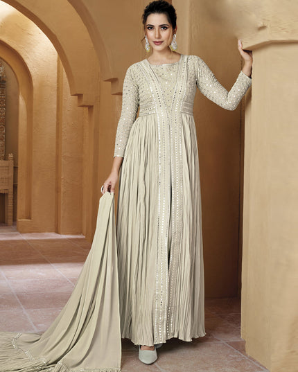 Dusty White Crushed Georgette Lucknowi Work Suit