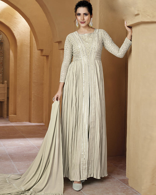 Dusty White Crushed Georgette Lucknowi Work Suit