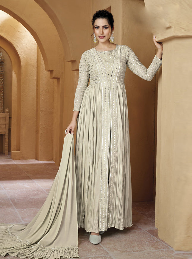 Dusty White Crushed Georgette Lucknowi Work Suit