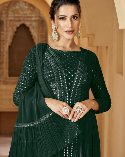 Pine Green Crushed Georgette Lucknowi Work Suit