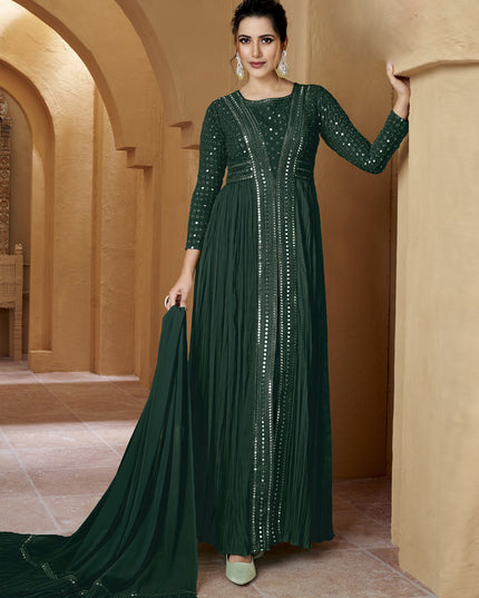 Pine Green Crushed Georgette Lucknowi Work Suit