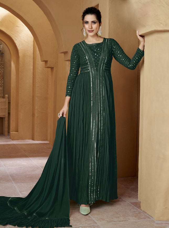 Pine Green Crushed Georgette Lucknowi Work Suit