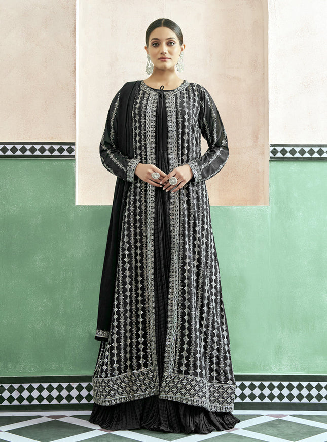 Black Georgette Anarkali with Embroidered Jacket
