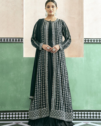 Pine Green Georgette Anarkali with Embroidered Jacket