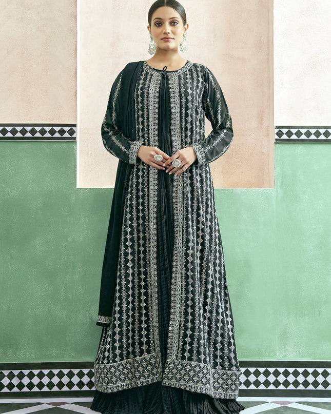 Pine Green Georgette Anarkali with Embroidered Jacket