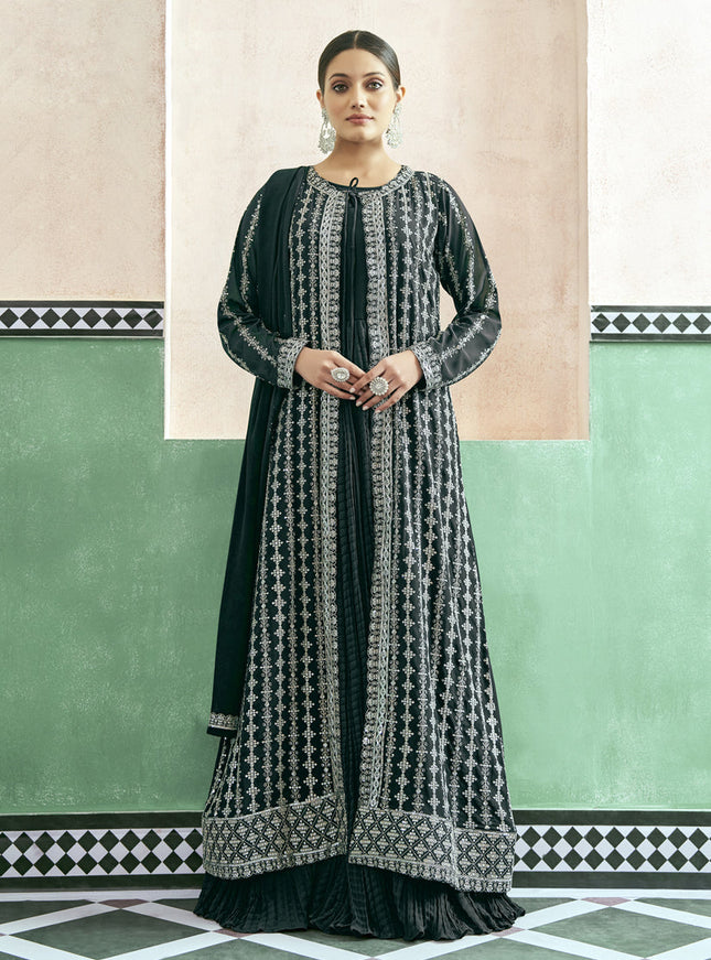 Pine Green Georgette Anarkali with Embroidered Jacket