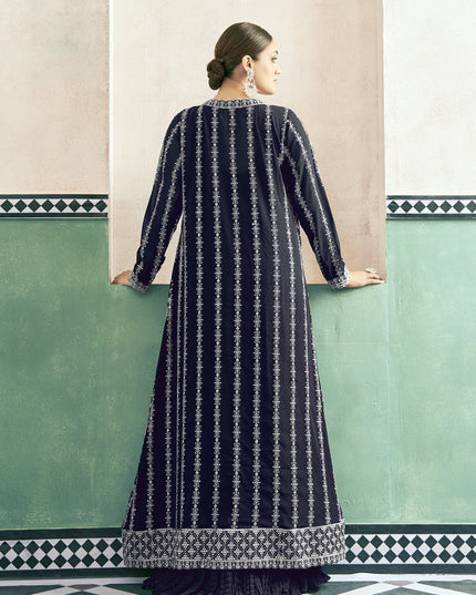 Midnight Blue Georgette Anarkali with Embroidered Jacket