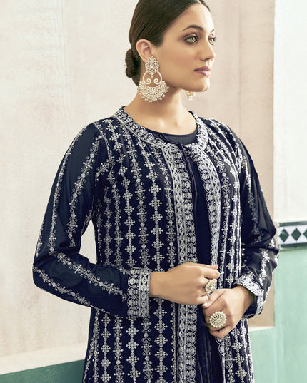 Midnight Blue Georgette Anarkali with Embroidered Jacket