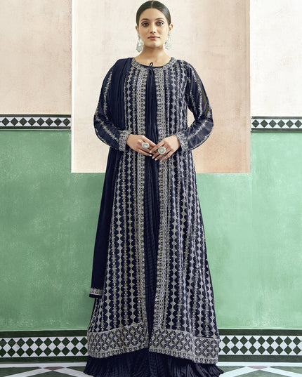 Midnight Blue Georgette Anarkali with Embroidered Jacket