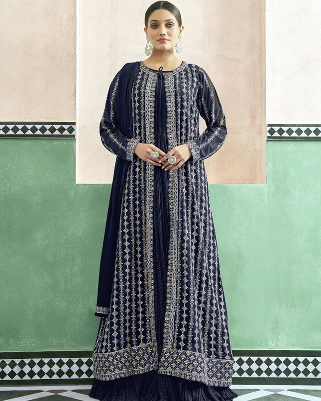 Midnight Blue Georgette Anarkali with Embroidered Jacket