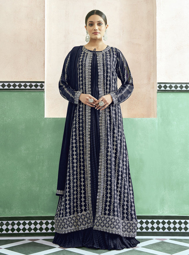 Midnight Blue Georgette Anarkali with Embroidered Jacket