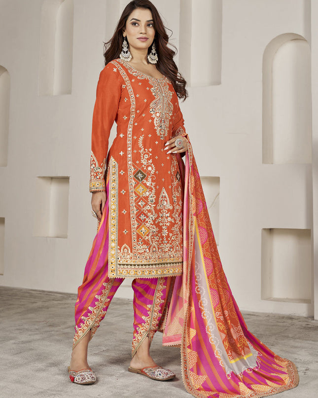 Tangerine Chinnon Embellished Designer Dhoti Salwar Kameez