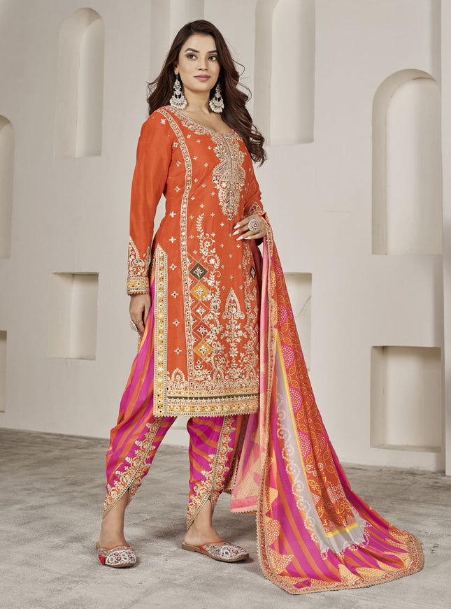 Tangerine Chinnon Embellished Designer Dhoti Salwar Kameez