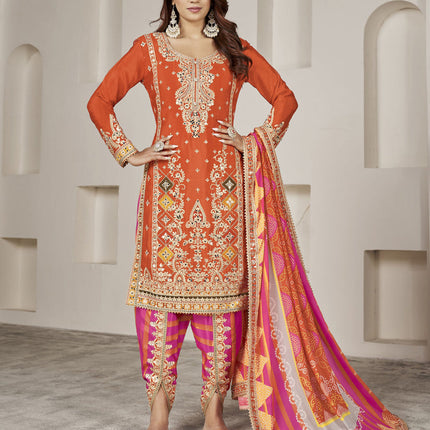 Tangerine Chinnon Embellished Designer Dhoti Salwar Kameez