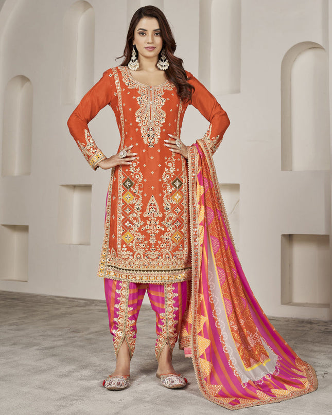 Tangerine Chinnon Embellished Designer Dhoti Salwar Kameez