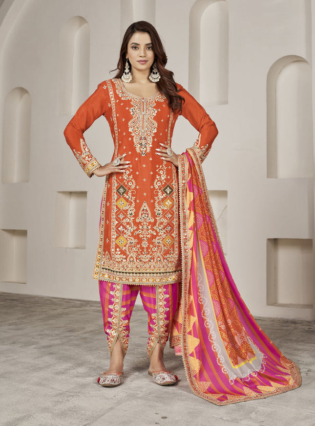 Tangerine Chinnon Embellished Designer Dhoti Salwar Kameez