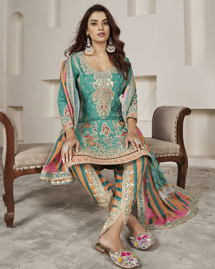 Rama Green Chinnon Embellished Designer Dhoti Salwar Kameez