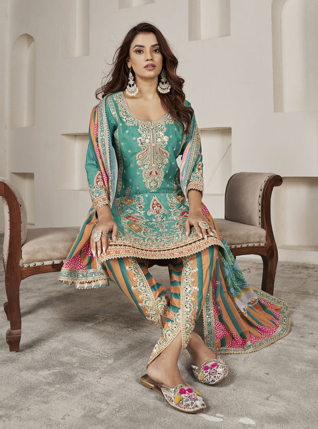 Rama Green Chinnon Embellished Designer Dhoti Salwar Kameez