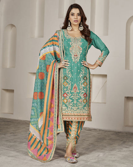 Rama Green Chinnon Embellished Designer Dhoti Salwar Kameez