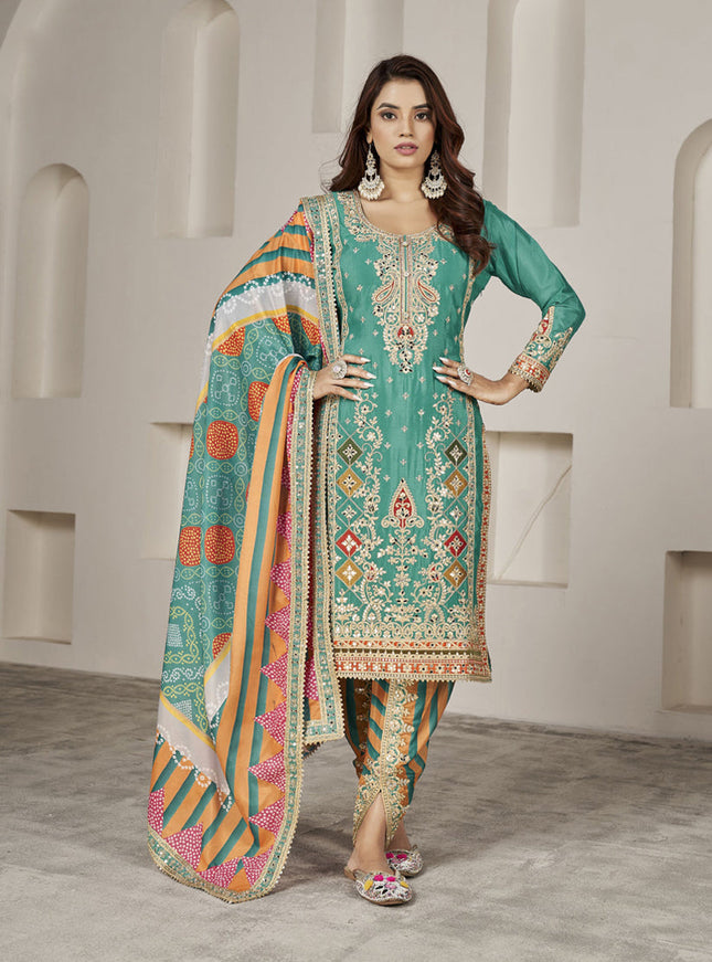 Rama Green Chinnon Embellished Designer Dhoti Salwar Kameez