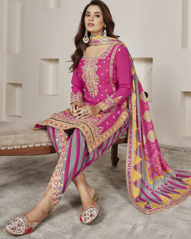 Rani Pink Chinnon Embellished Designer Dhoti Salwar Kameez