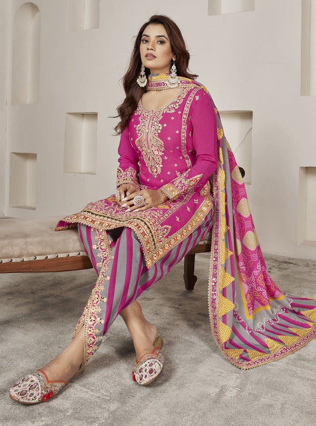 Rani Pink Chinnon Embellished Designer Dhoti Salwar Kameez