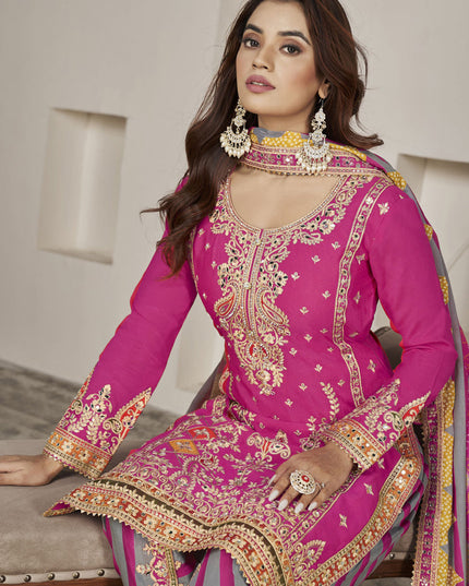 Rani Pink Chinnon Embellished Designer Dhoti Salwar Kameez
