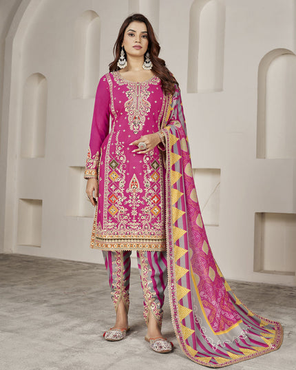 Rani Pink Chinnon Embellished Designer Dhoti Salwar Kameez