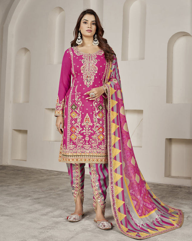 Rani Pink Chinnon Embellished Designer Dhoti Salwar Kameez
