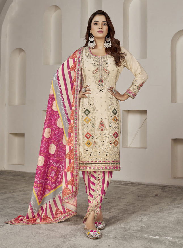 Ivory Chinnon Embellished Designer Dhoti Salwar Kameez