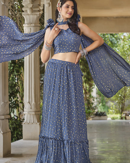 Denim Blue Crushed Georgette Readymade Lehenga Choli