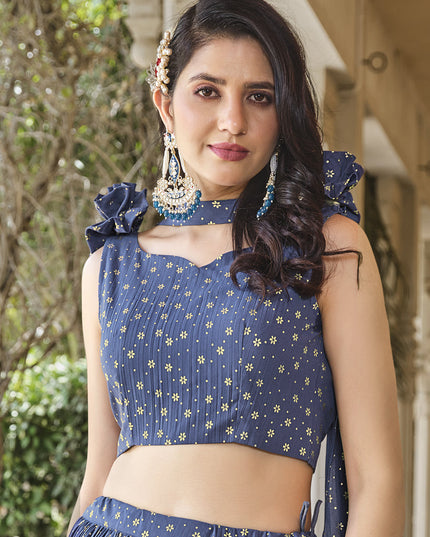 Denim Blue Crushed Georgette Readymade Lehenga Choli
