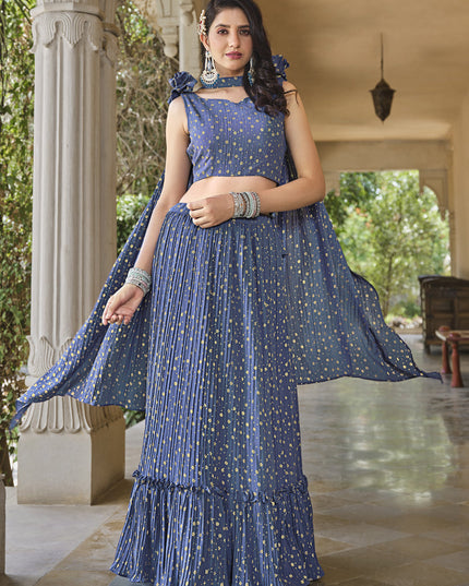 Denim Blue Crushed Georgette Readymade Lehenga Choli
